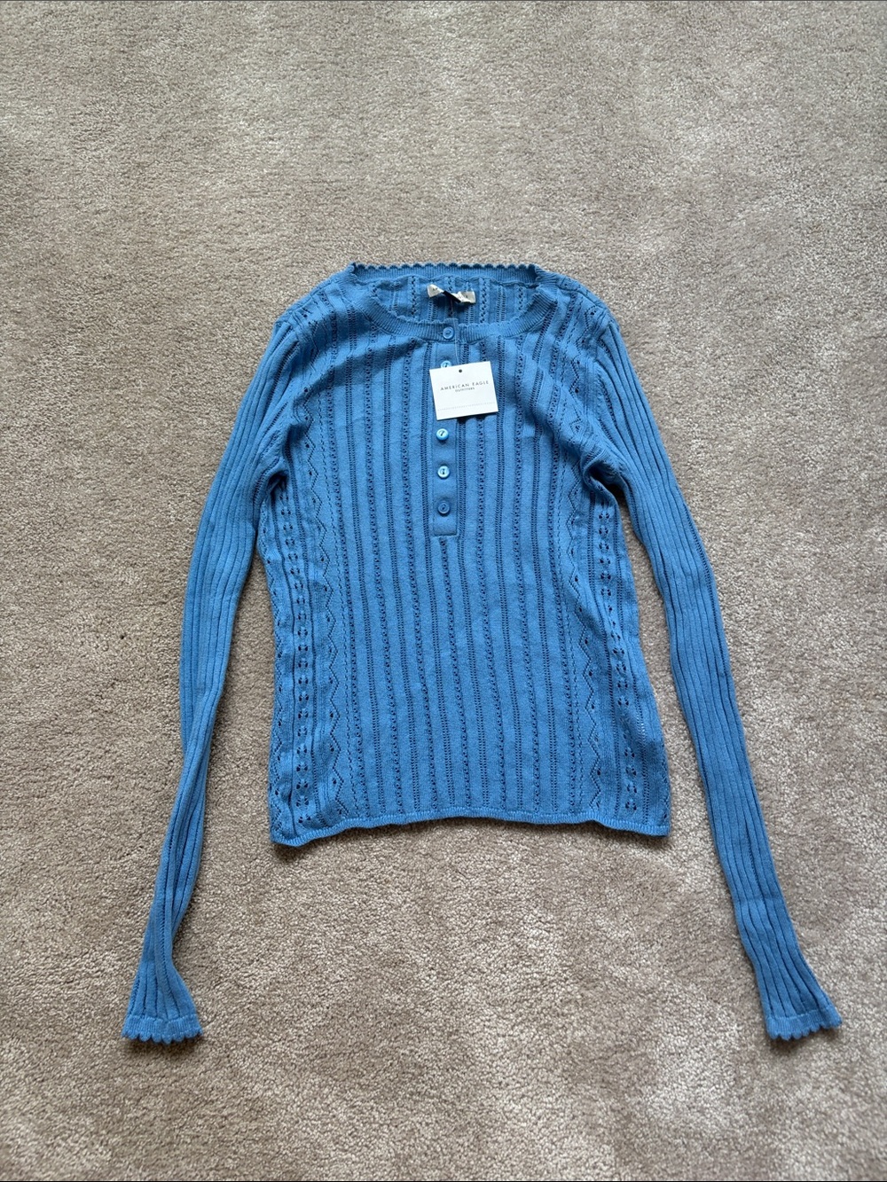 American Eagle Outfitters Blue Ribbed Henley Sweater